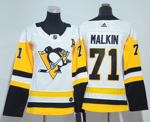 Adidas Pittsburgh Penguins #71 Evgeni Malkin White Road Authentic Women Stitched NHL Jersey->women nhl jersey->Women Jersey